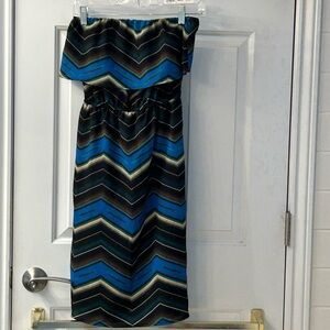 Chevron Patterned Blue and Black Strapless Dress